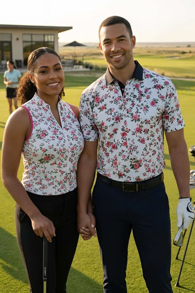 NGA Hers & His matching Eternal Blooms polos standing on a golf course.