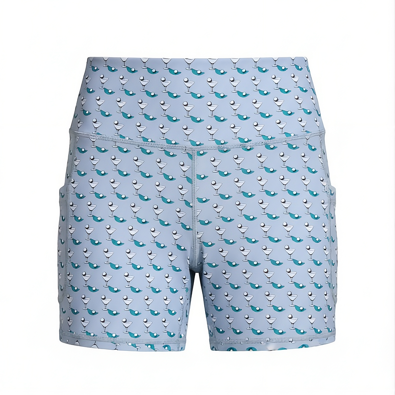 Light gray golf or yoga shorts with apple martinis on the green