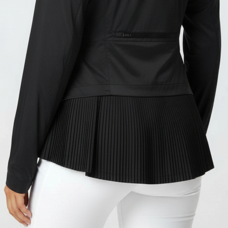 Black jacket with a pleated back ruffle and back pocket