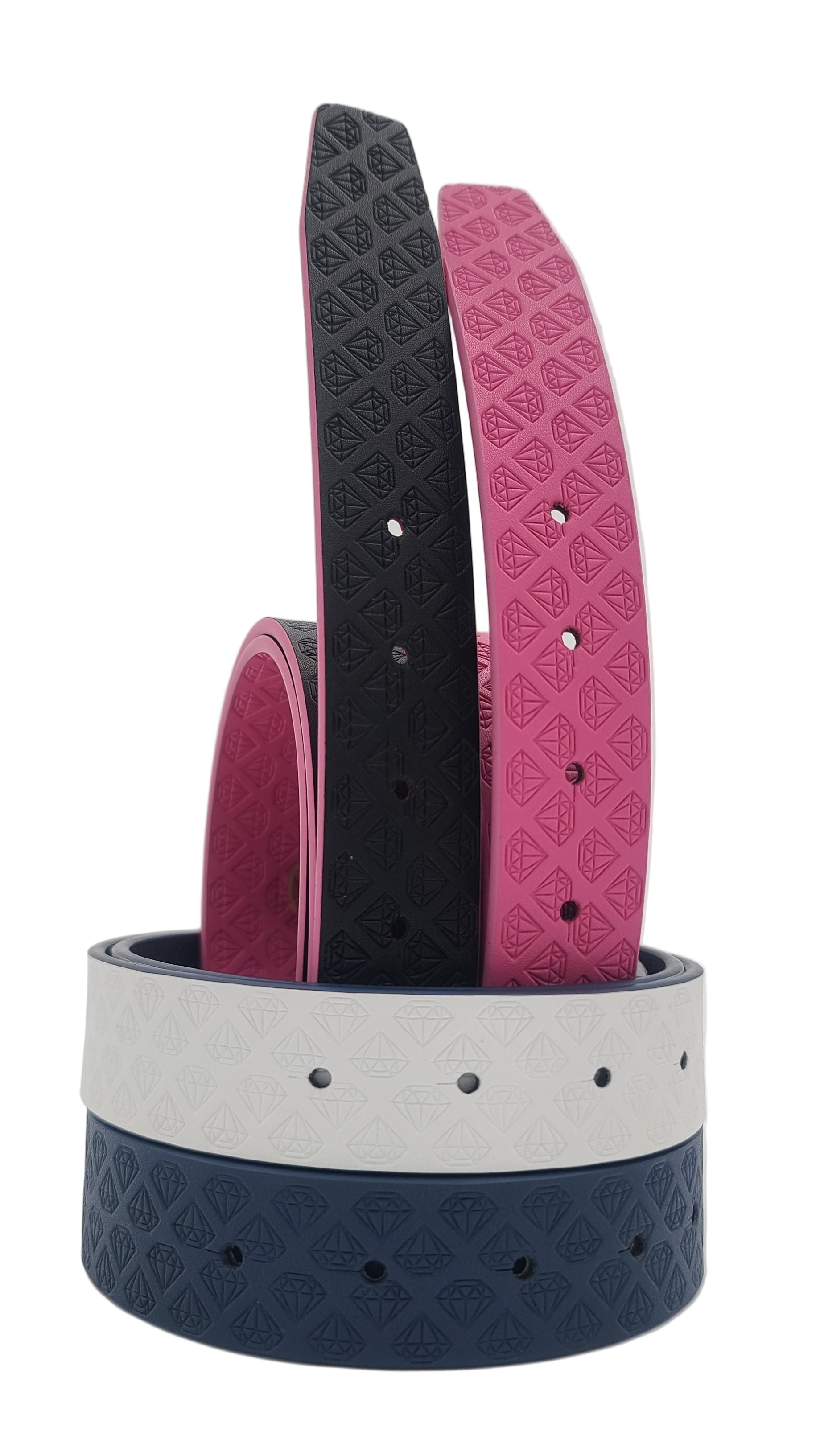 Three belts in blue, white, and pink on a light gray background