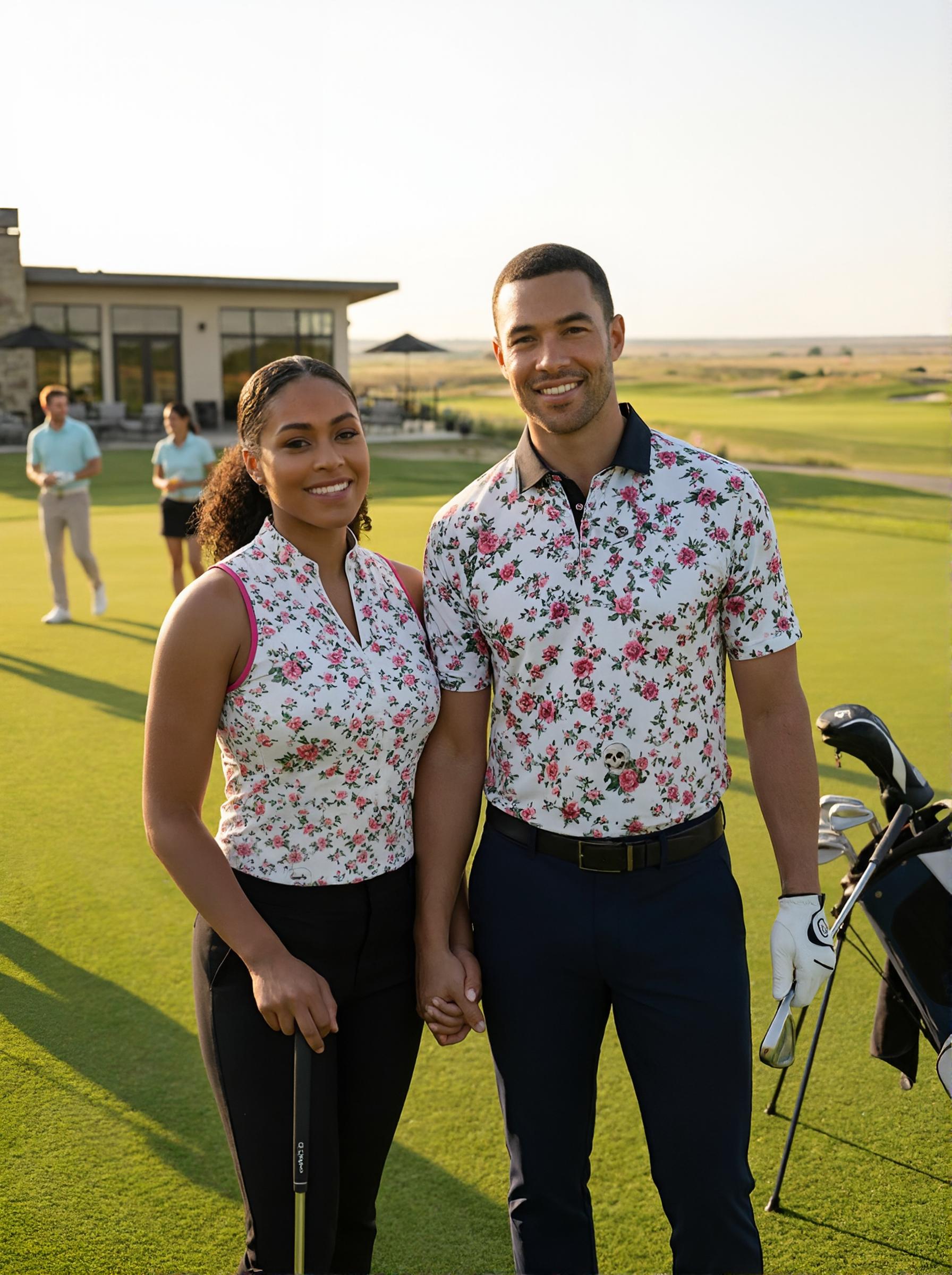 NGA Hers & His matching Eternal Blooms polos standing on a golf course.