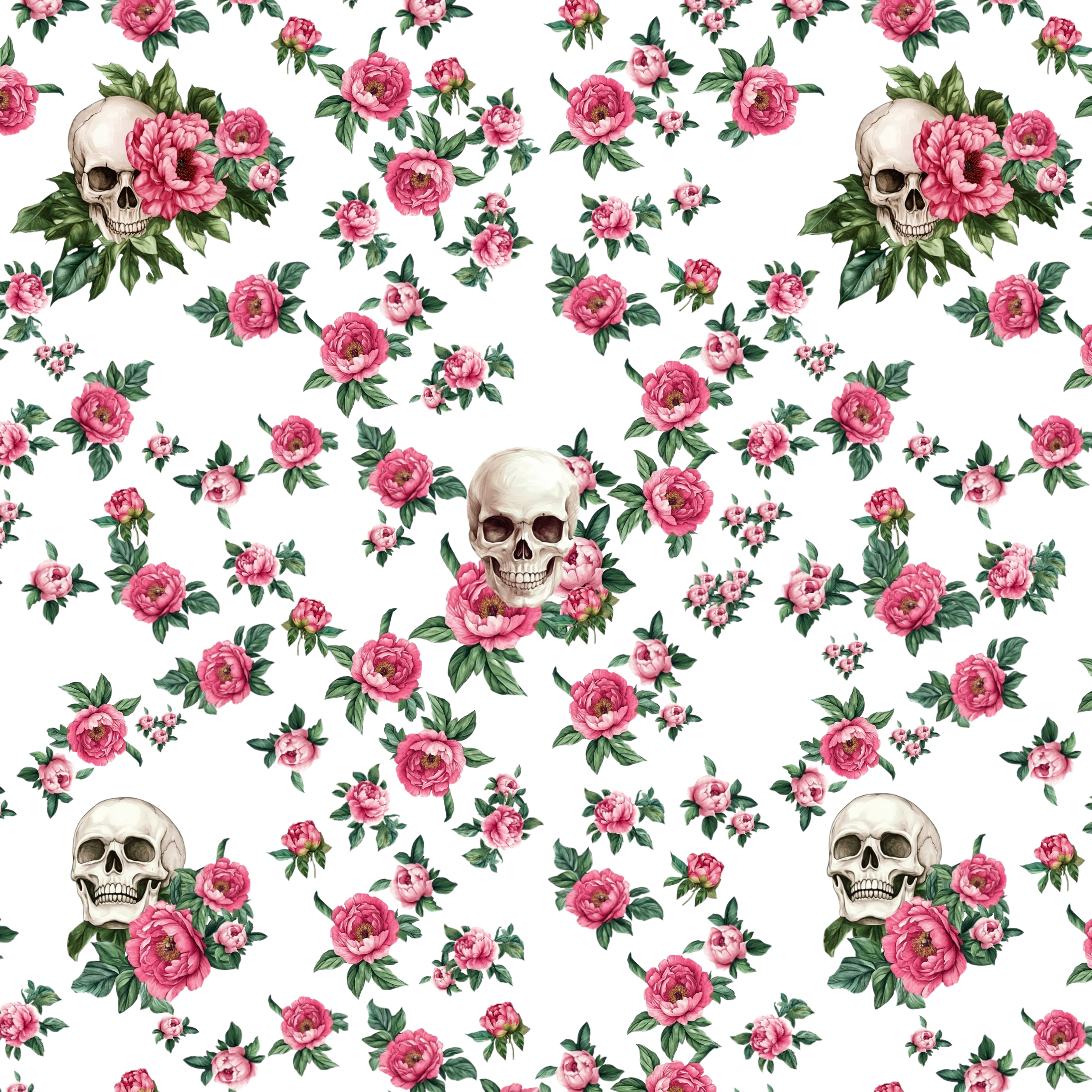 NGA's Eternal Blooms Pattern of skulls and pink flowers on a white background