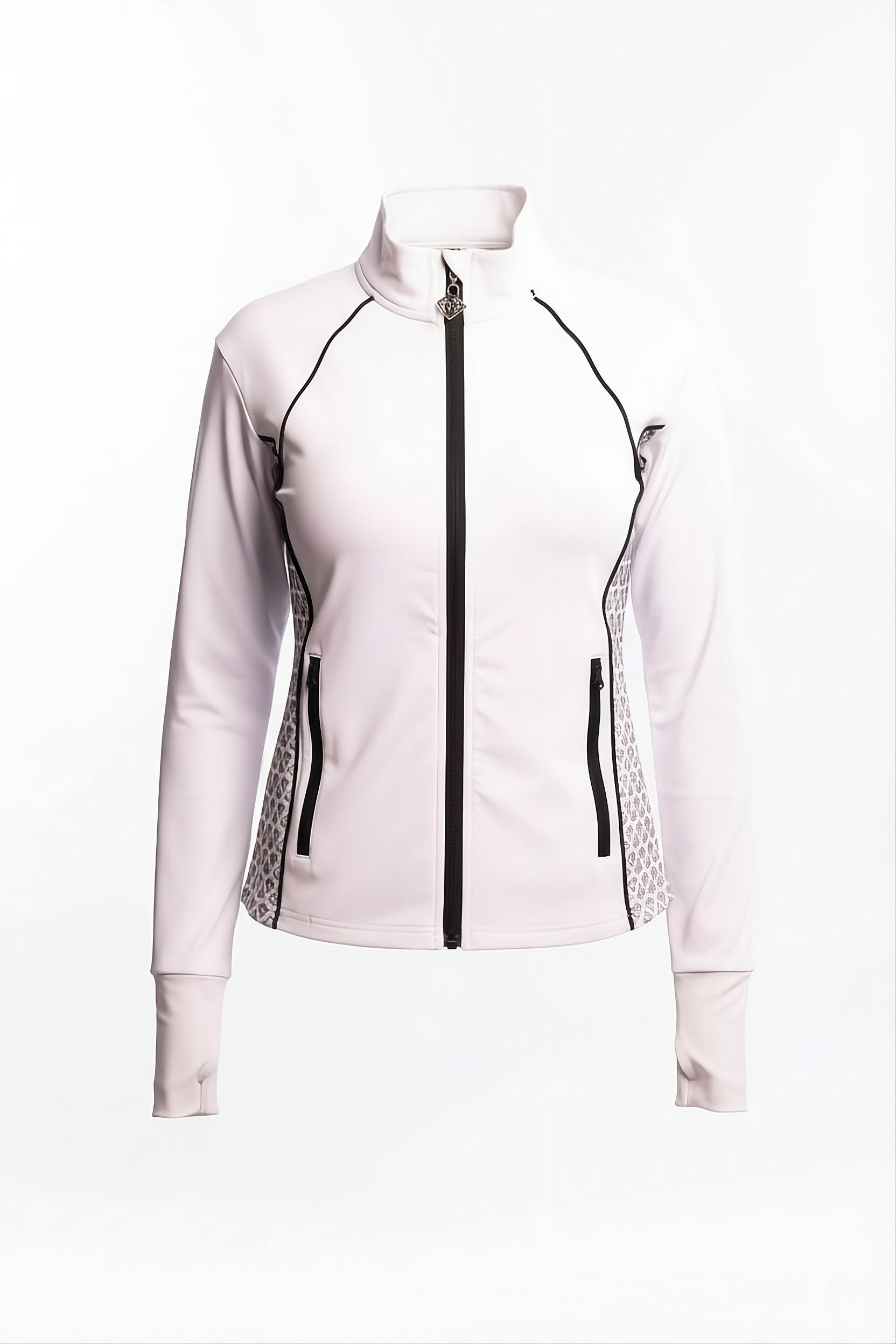 White jacket with black zipper and diamond patterned accents on a white background