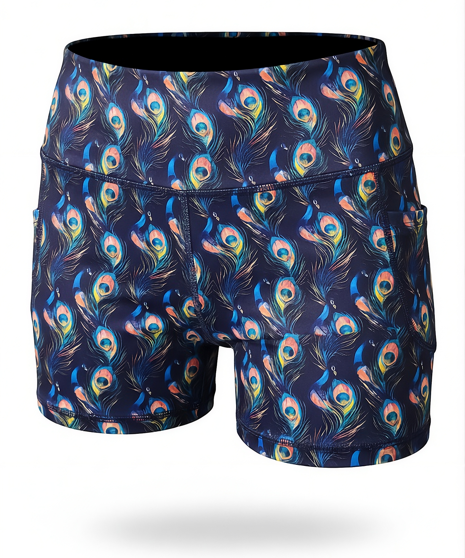 NGA 'Unders' Shorts with peacock feather pattern on a navy background