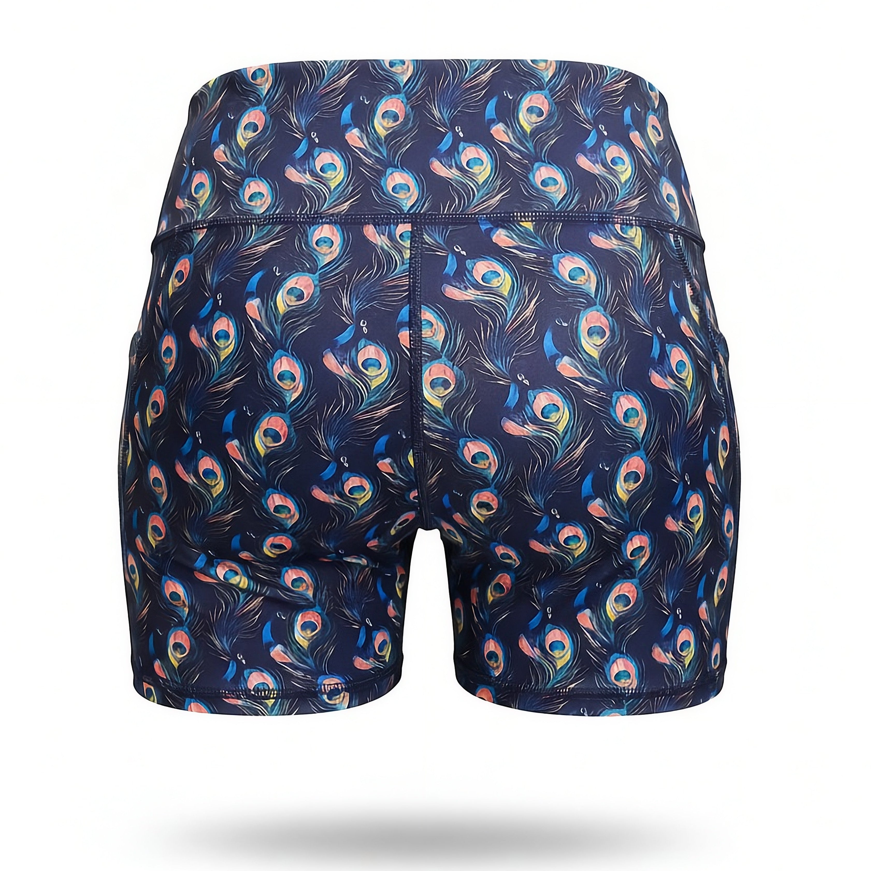 NGA 'Unders' Shorts with peacock feathers on a navy background