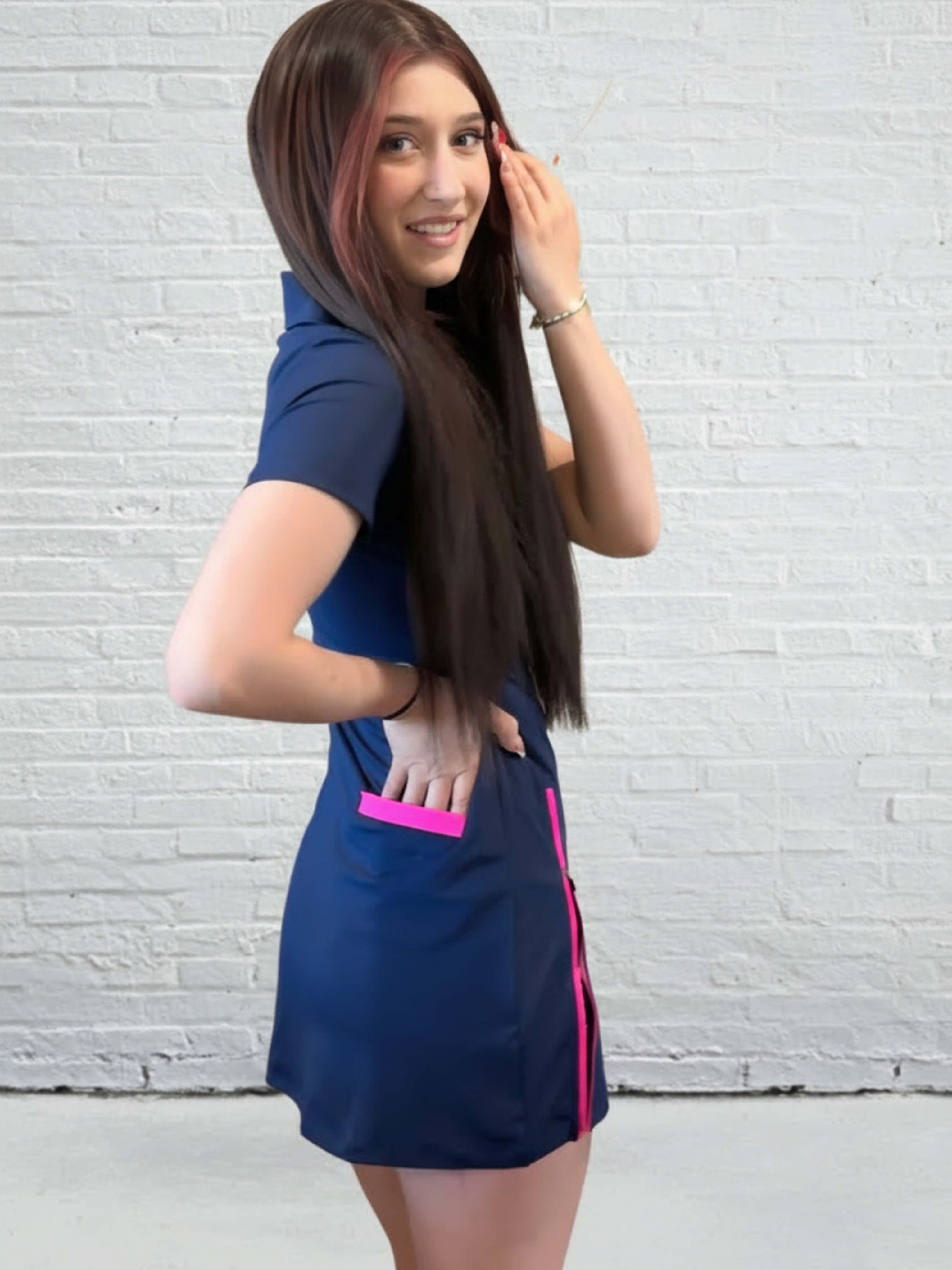 Sneak Peek Short Sleeve Dress - Pink on Navy