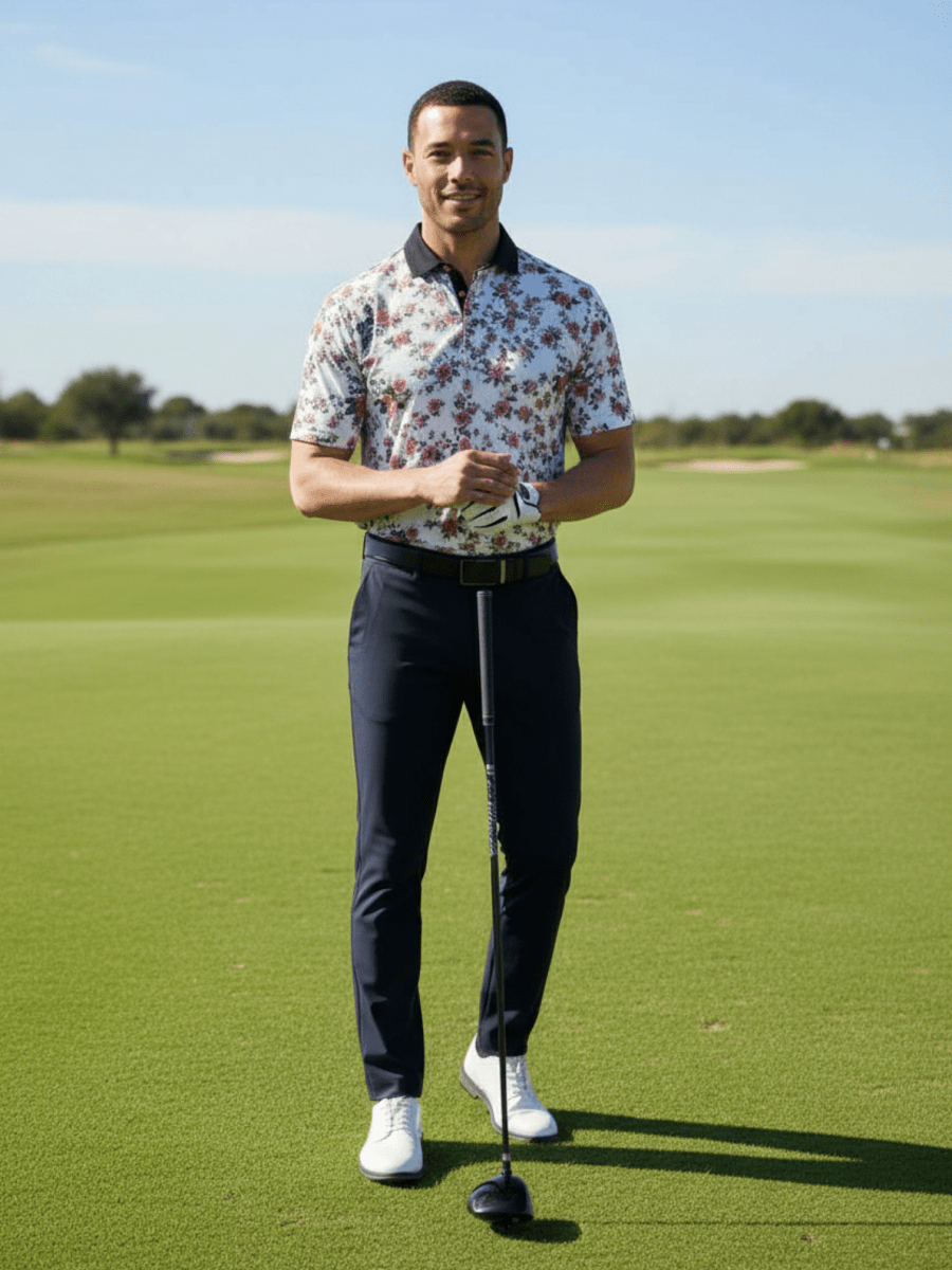 Man Eternal Blooms Polo. A floral shirt with skulls and dark pants, holding a golf club on a golf course. NGA.