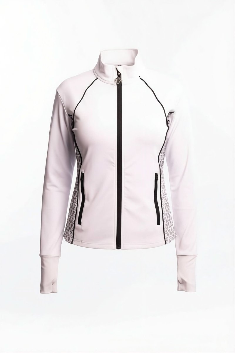White jacket with black zipper and diamond patterned accents on a white background